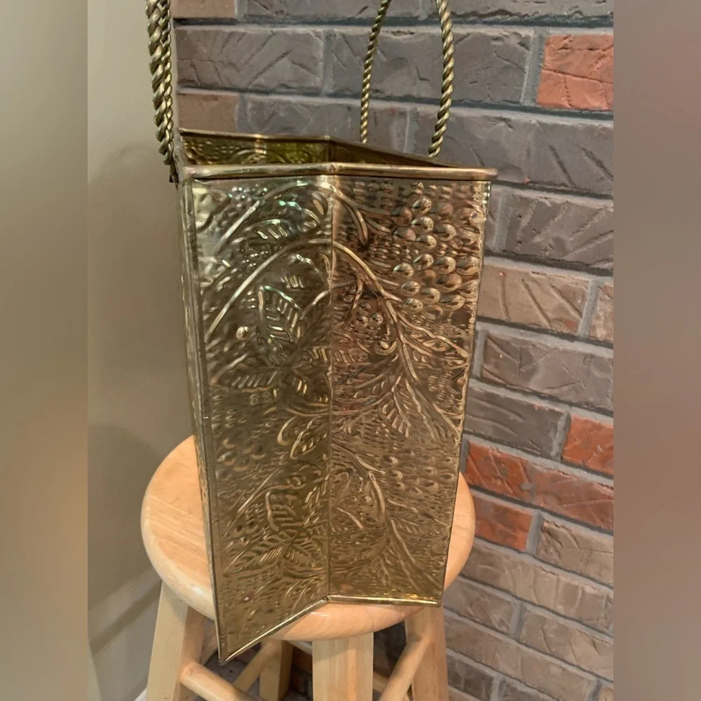 Vintage Brass Embossed Leaves 1970s Shopping Tote Magazine Holder